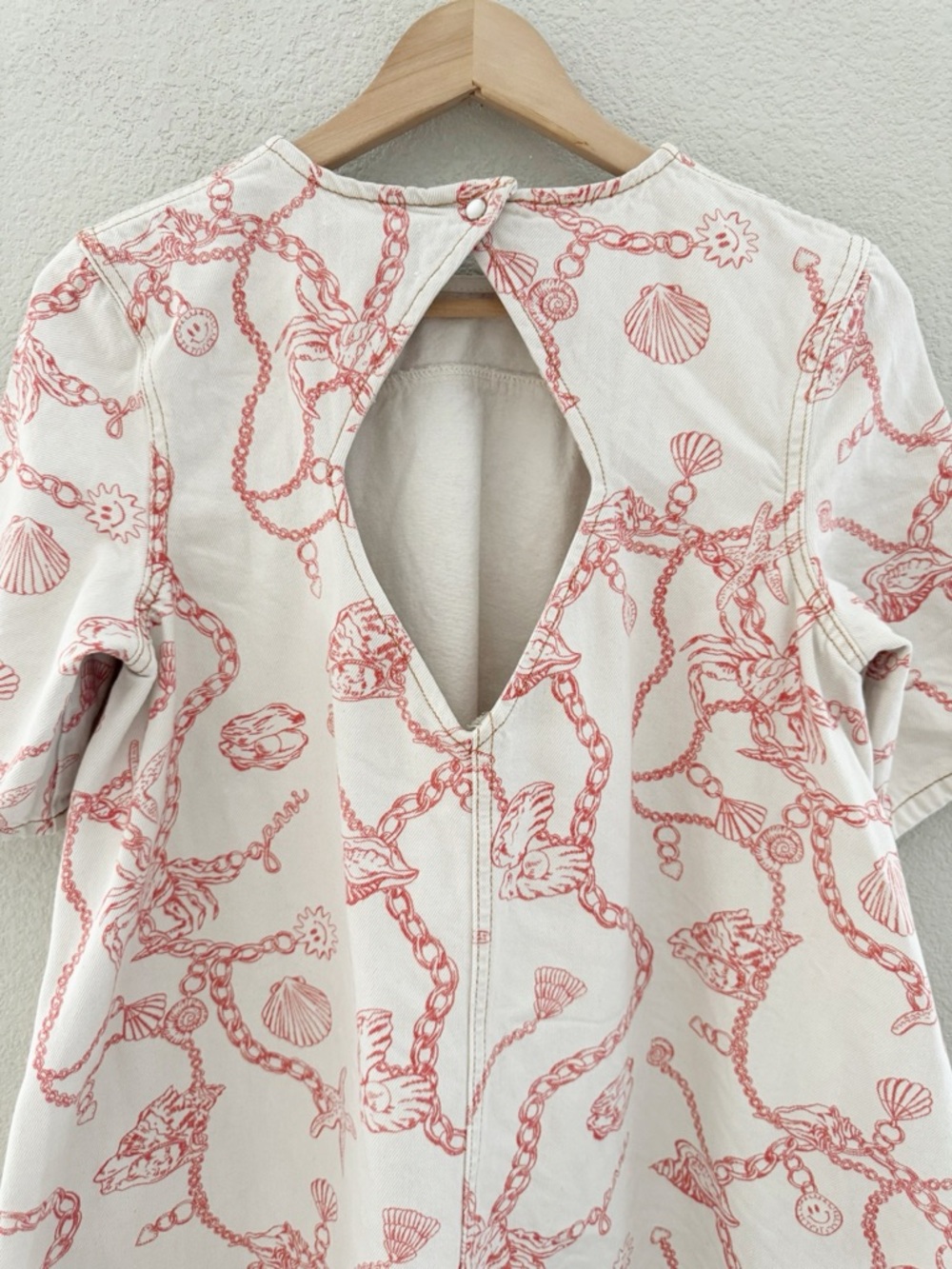 Ganni RARE Lobster Seashell Print Nautical Denim Mini Dress 4 Cream Red Shift - Picture 14 of 16